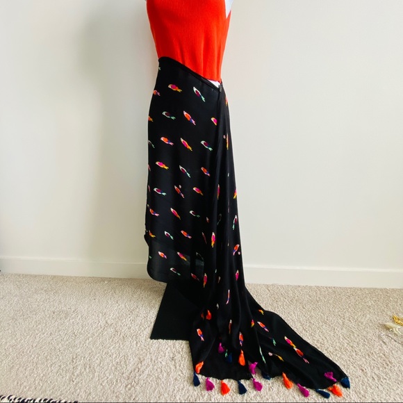 Kate Spade Black Multicolor Birds Scarf with Pompom Fringe Edge - Picture 13 of 13